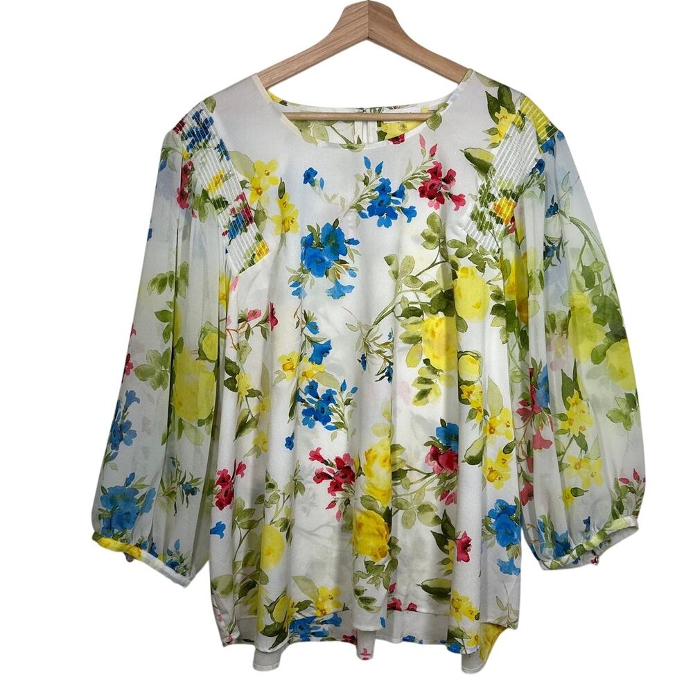 Calvin Klein Sheer Smocked Watercolor Floral Blouse Top 3/4 Sleeve Sz 3X